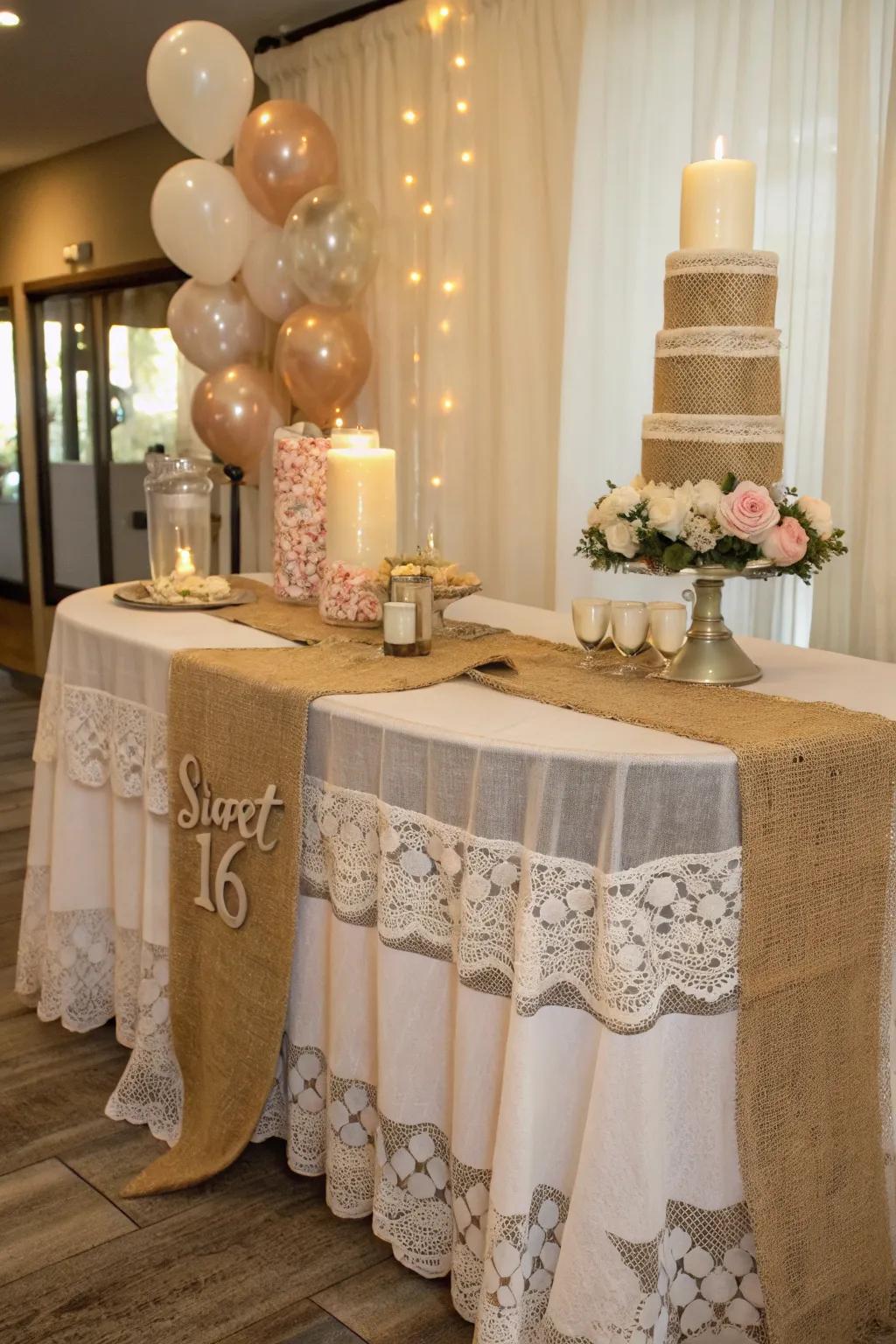 Elegant lace and burlap table decor at a vintage-themed party.