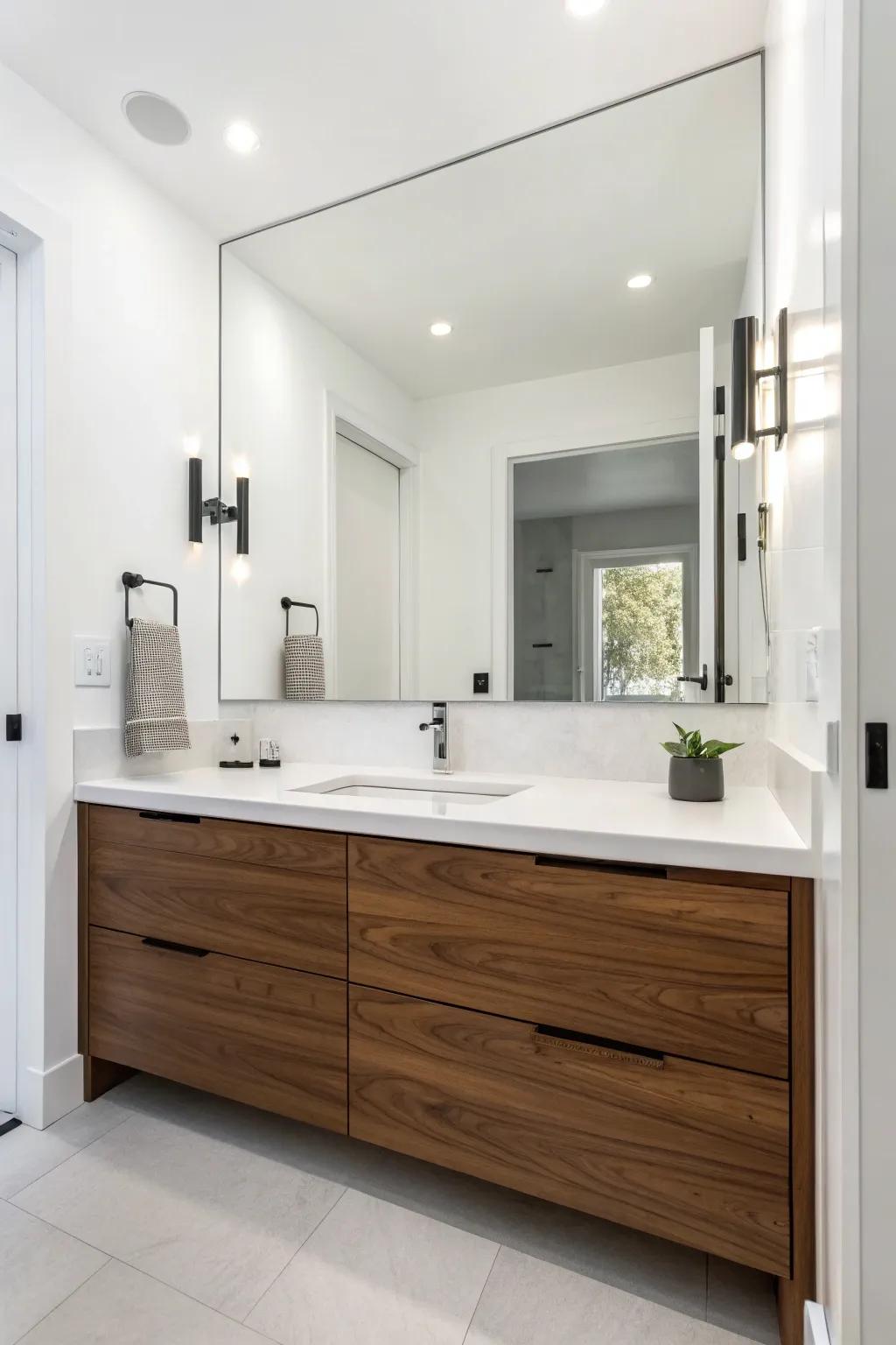 Simplicity at its finest with a modern walnut vanity.