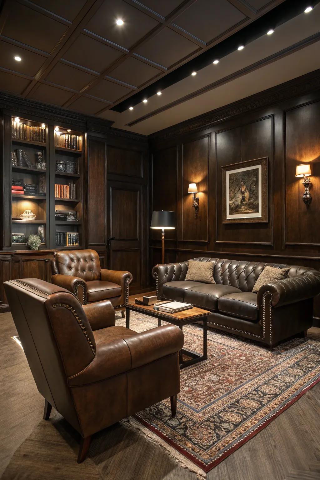 Leather furniture provides both luxury and practicality in a masculine setting.