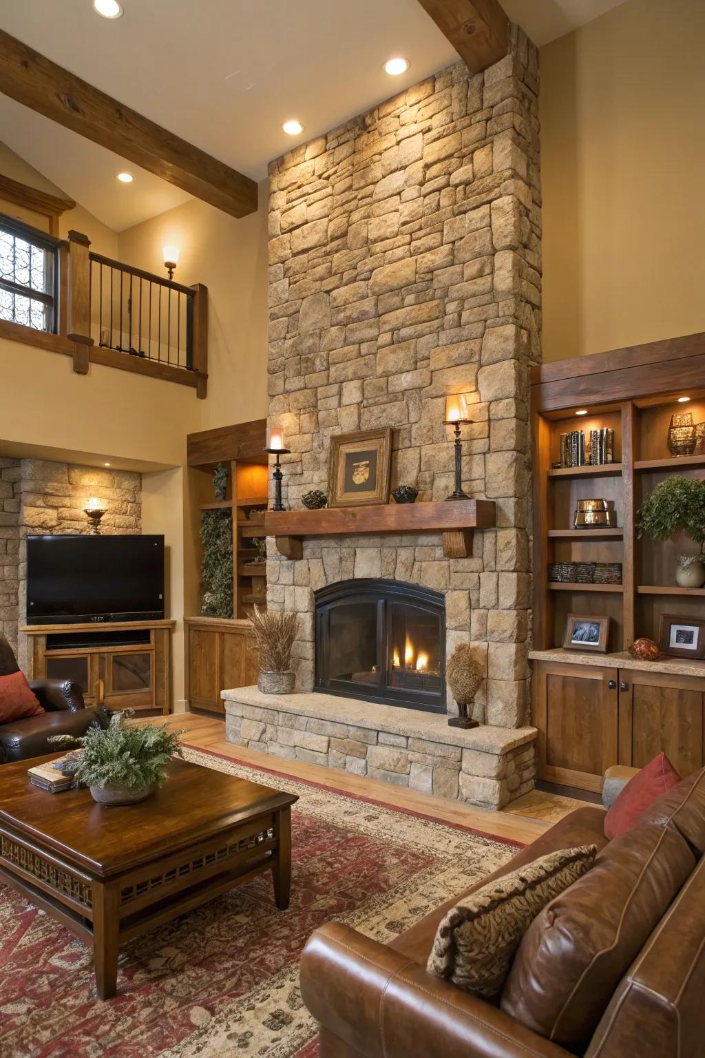 A stone fireplace as the focal point in a warm rustic living room.