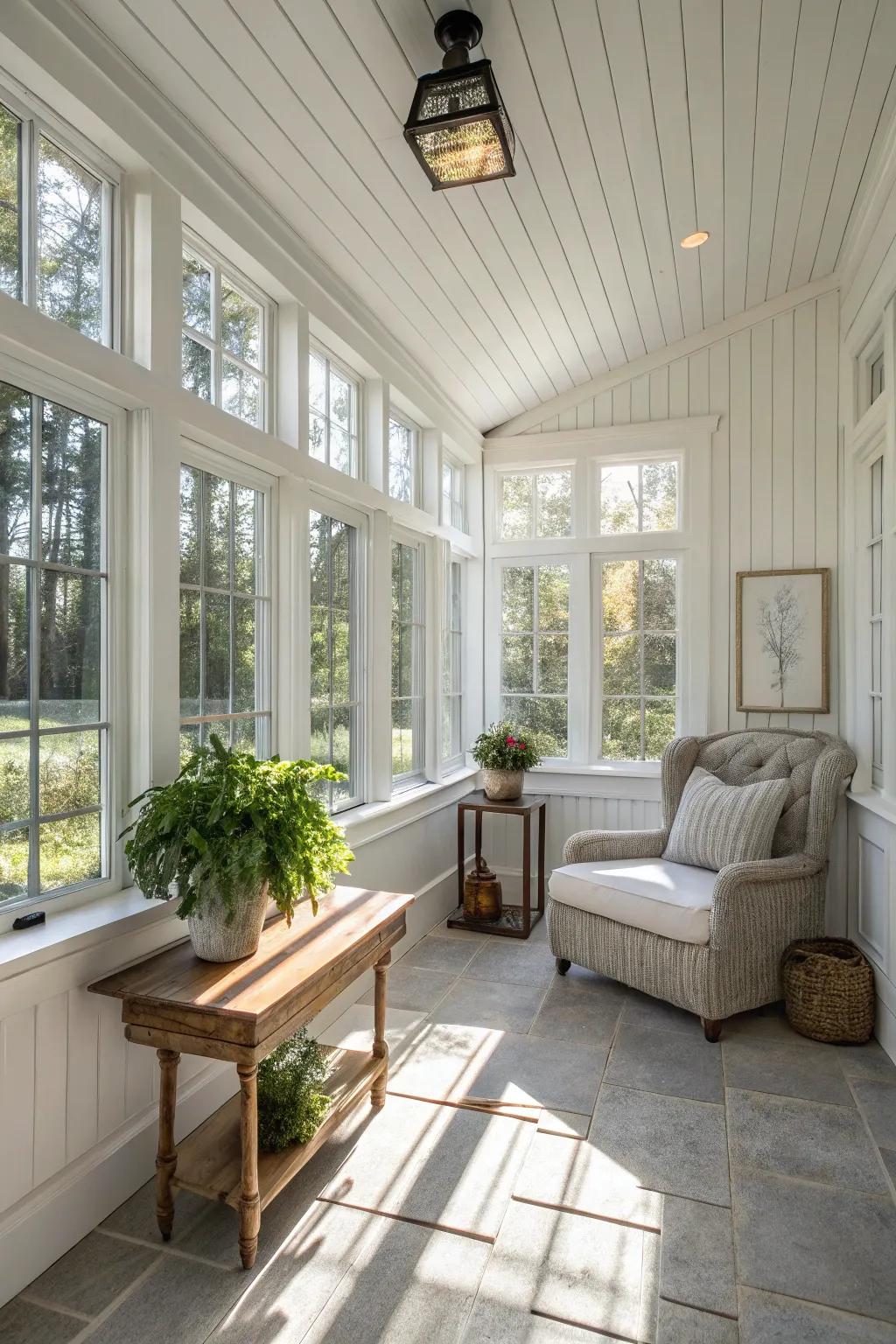 A sunroom dressed in classic white, exuding elegance and tranquility.