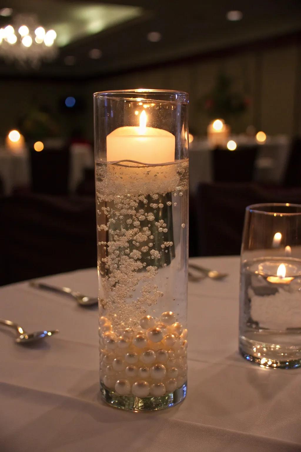 Floating candles and water beads create a cozy, romantic atmosphere.