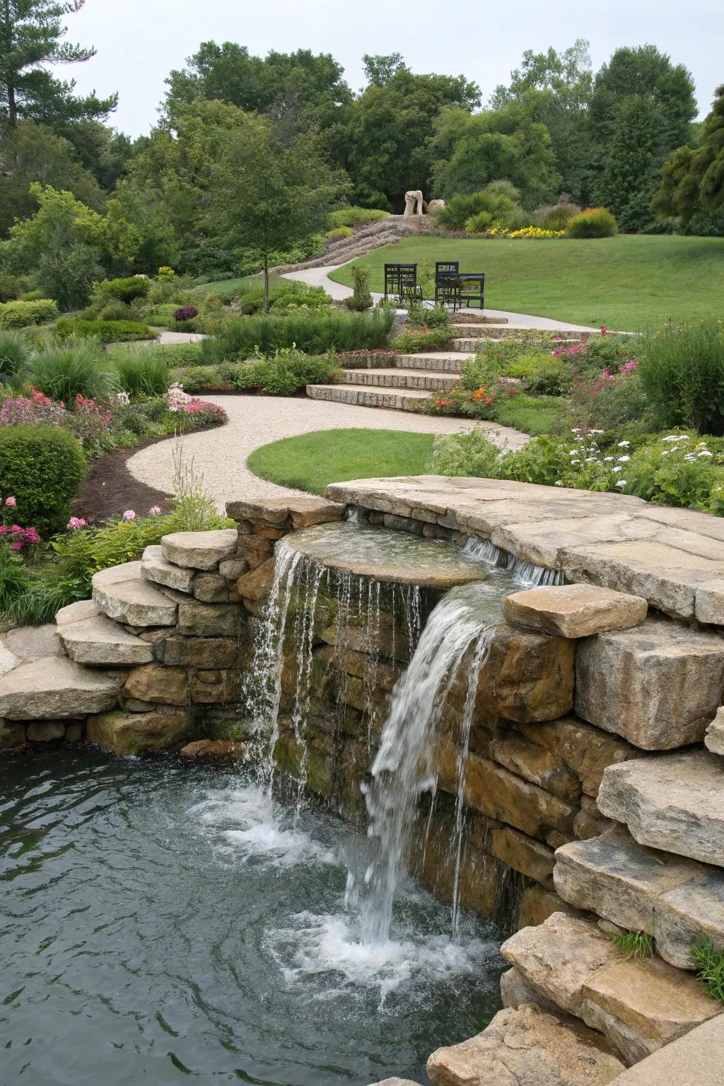 A tiered stone waterfall in a garden with water flowing down several levels.