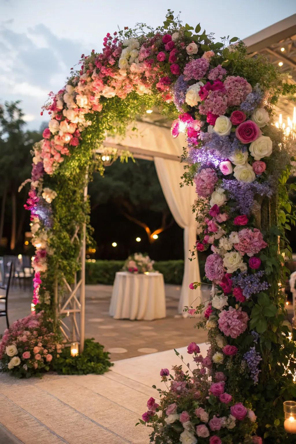 A vibrant floral arch that brings a splash of color to any wedding.