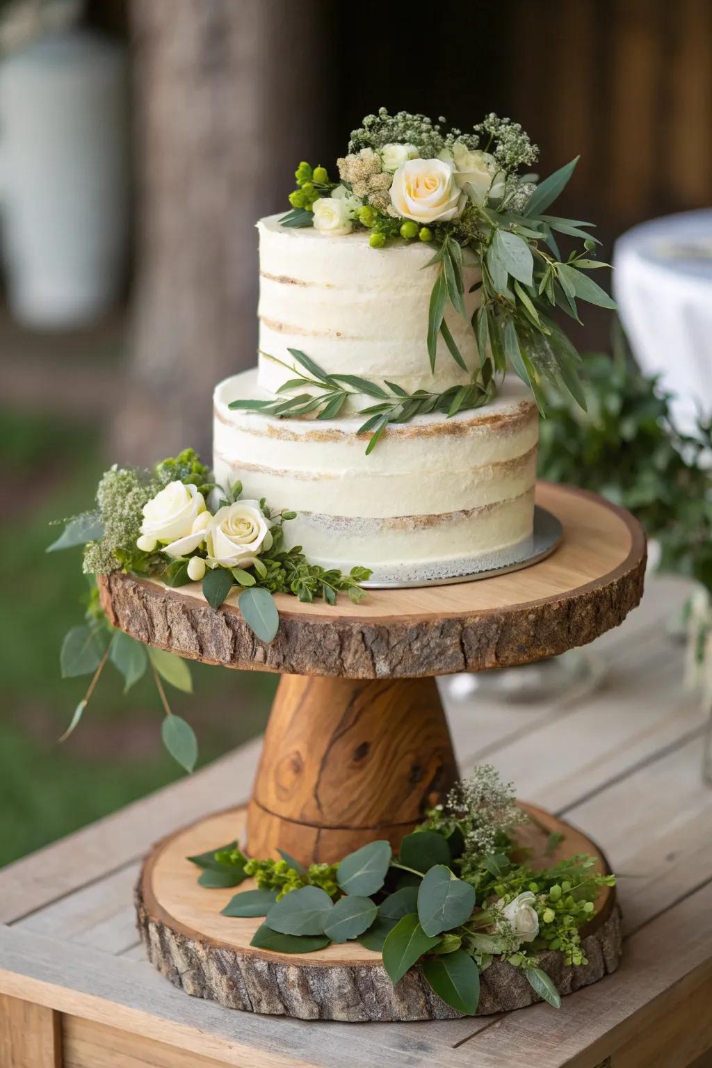 A rustic-themed cake on a wooden pedestal with greenery accents.