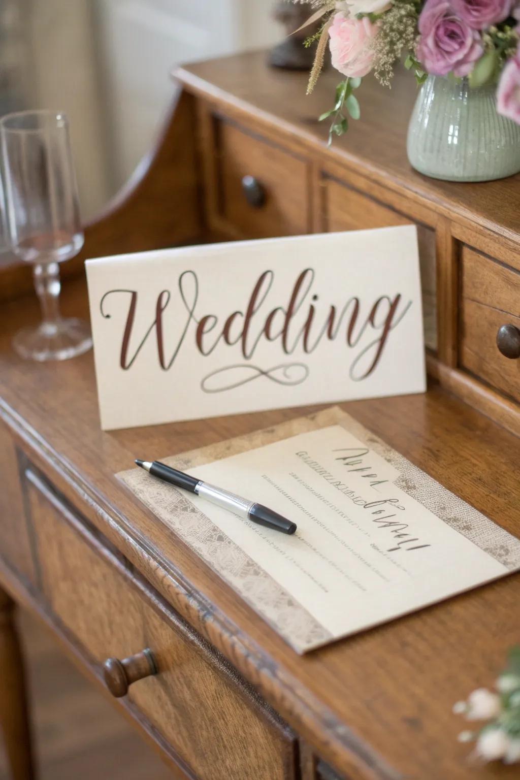 A wedding registry card with a personal touch through scripted fonts.