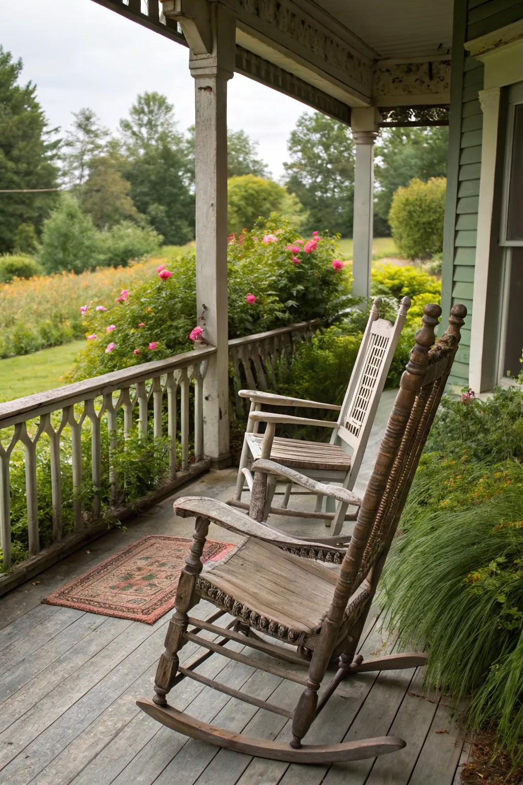 Timeless comfort with vintage rocking chairs.