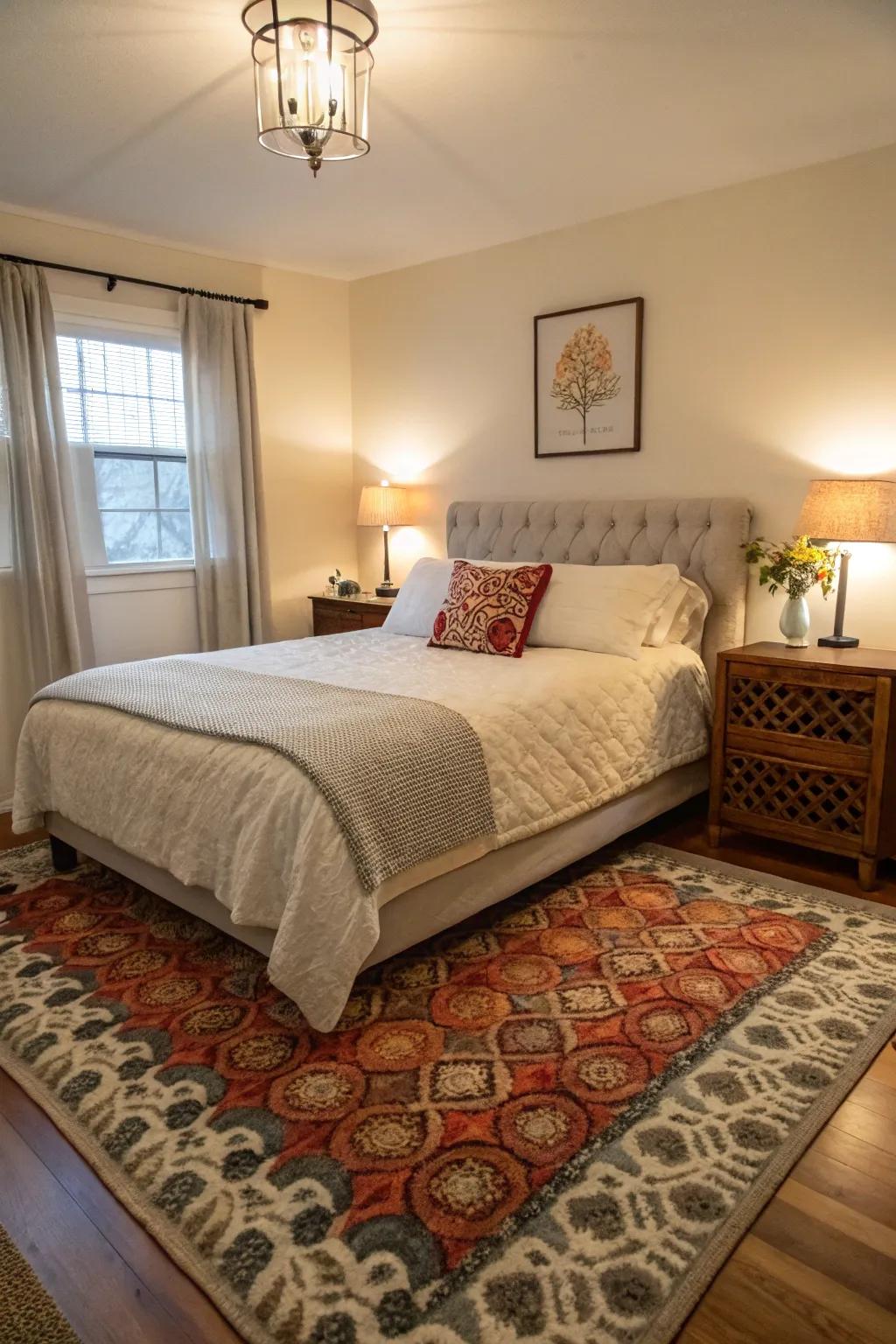 A 5x8 rug provides a cozy touch to a compact bedroom, perfectly complementing the queen bed.