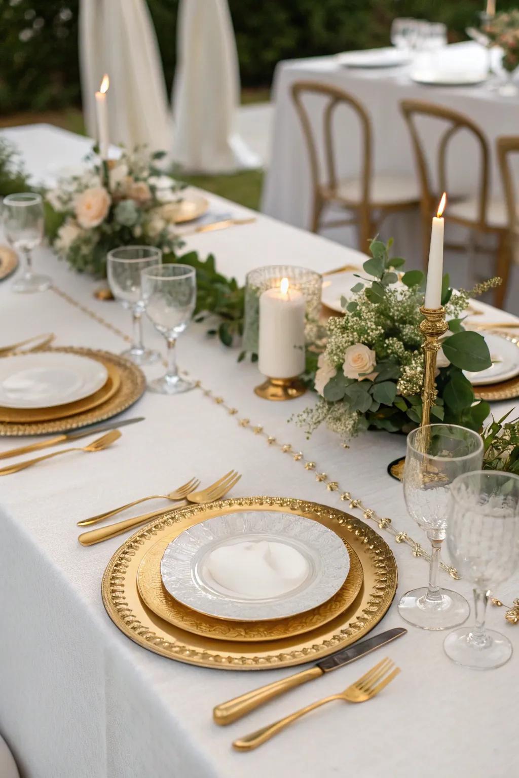 A luxurious white and gold table setting for a wedding.
