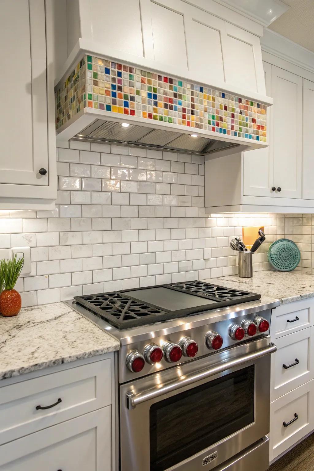 Mosaic tiles adding a splash of personality to a white ice granite backdrop.