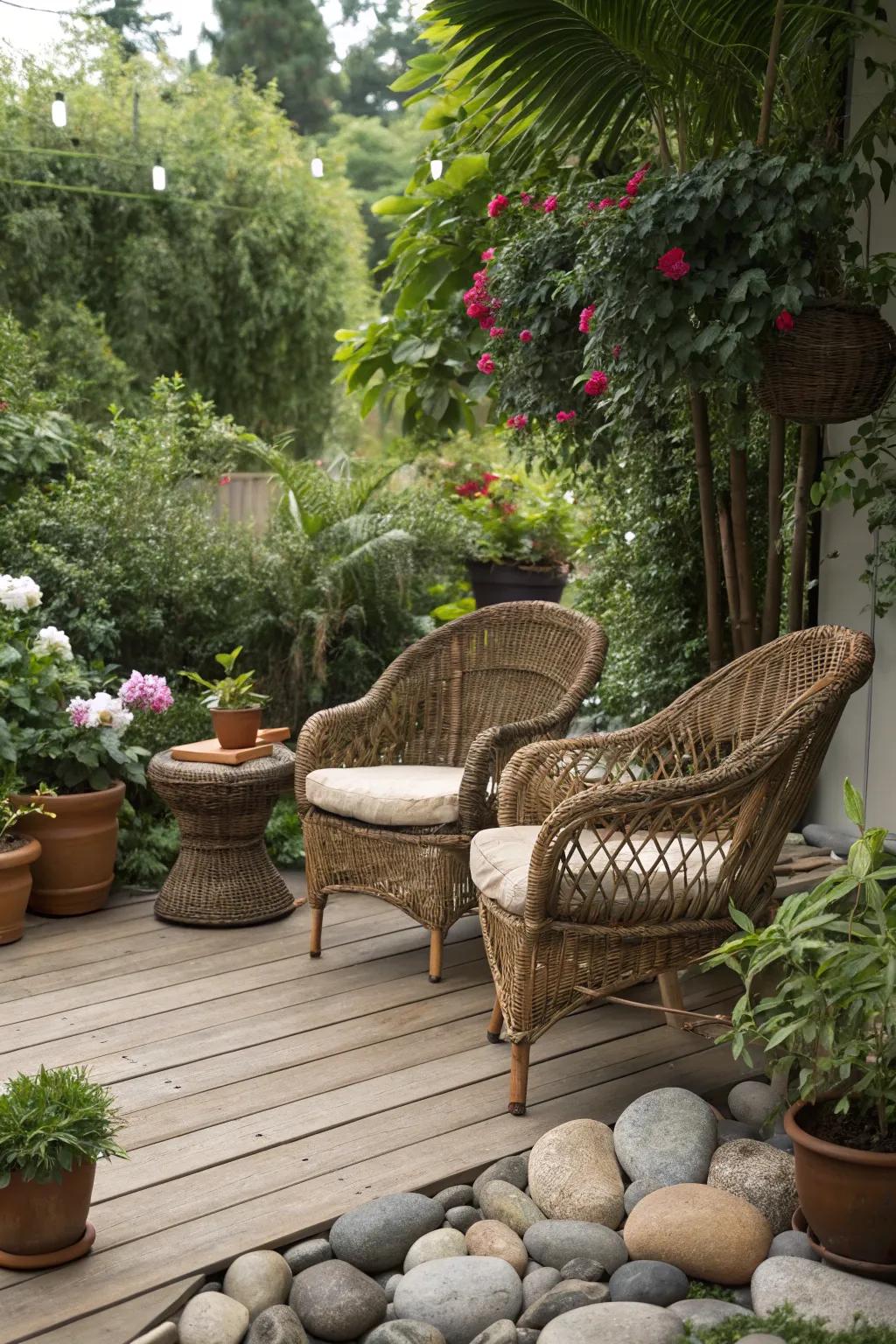 Wicker furniture blending seamlessly with natural elements.