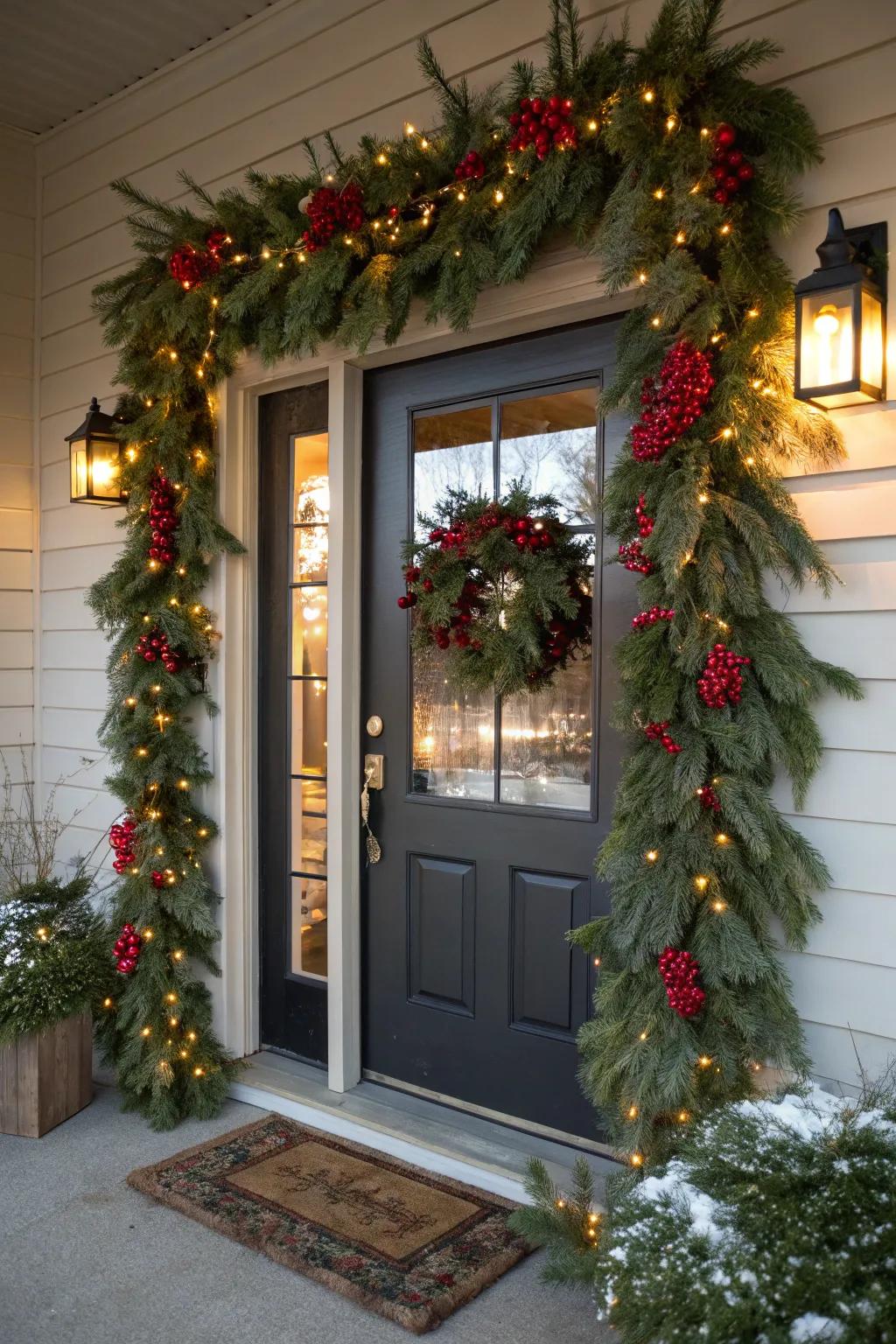 Bright garlands bring festive cheer to this winter doorway.