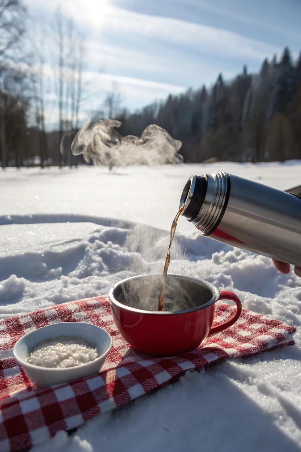 A thermos of hot soup is perfect for a winter picnic.