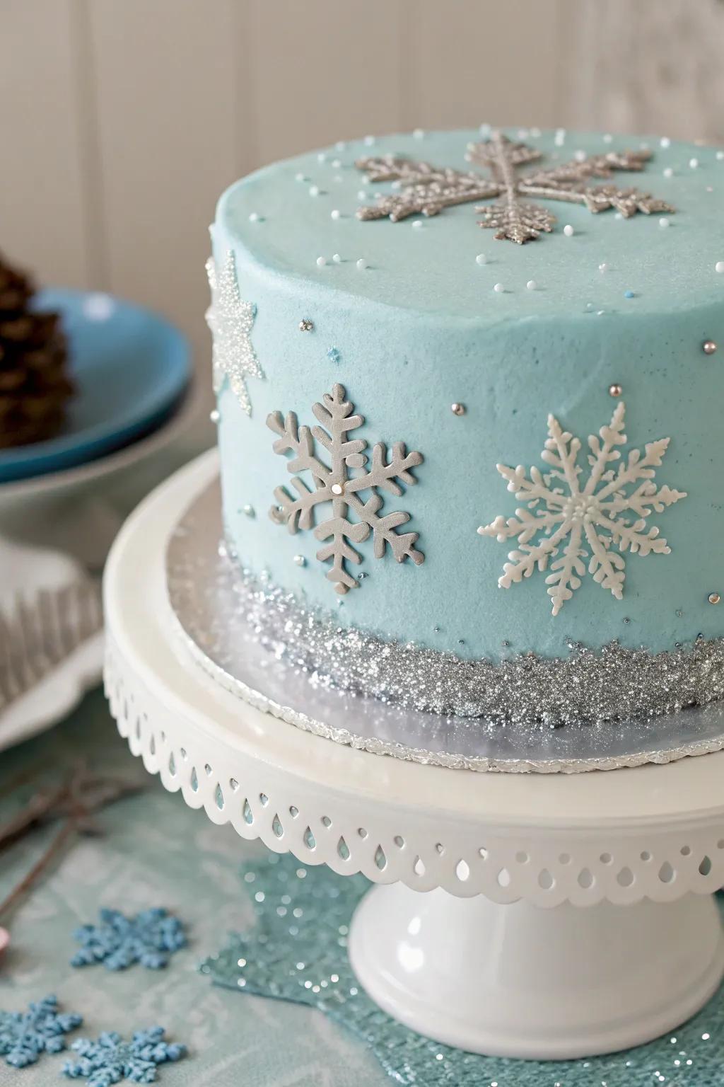 An elegant icy blue cake with shimmering snowflakes.