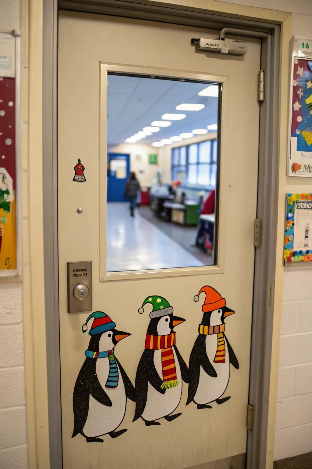 A charming parade of penguins ready for winter fun.