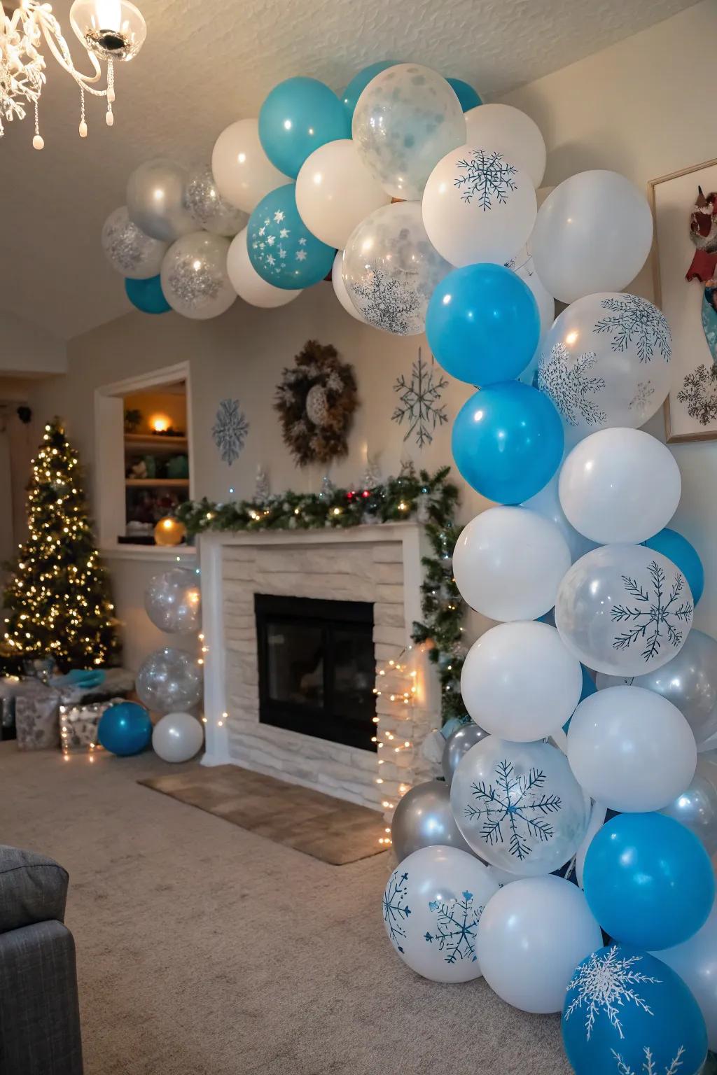 Balloons in winter hues create a whimsical atmosphere.