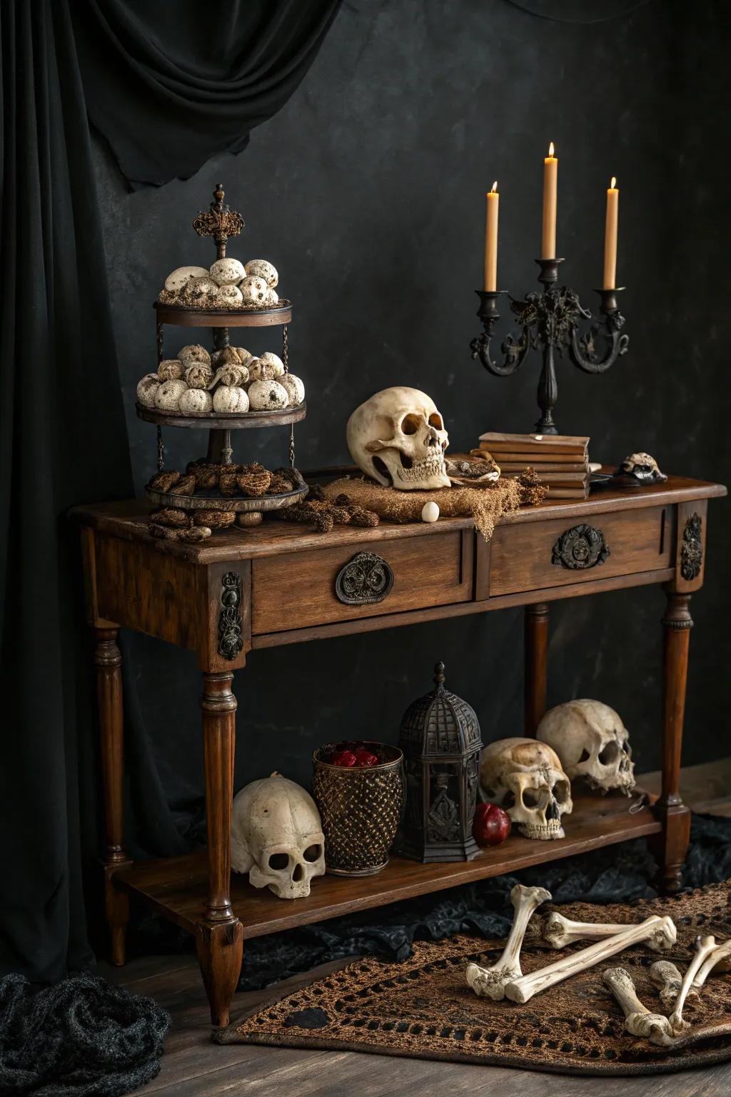 Decorative skulls and bones for a spooky touch.