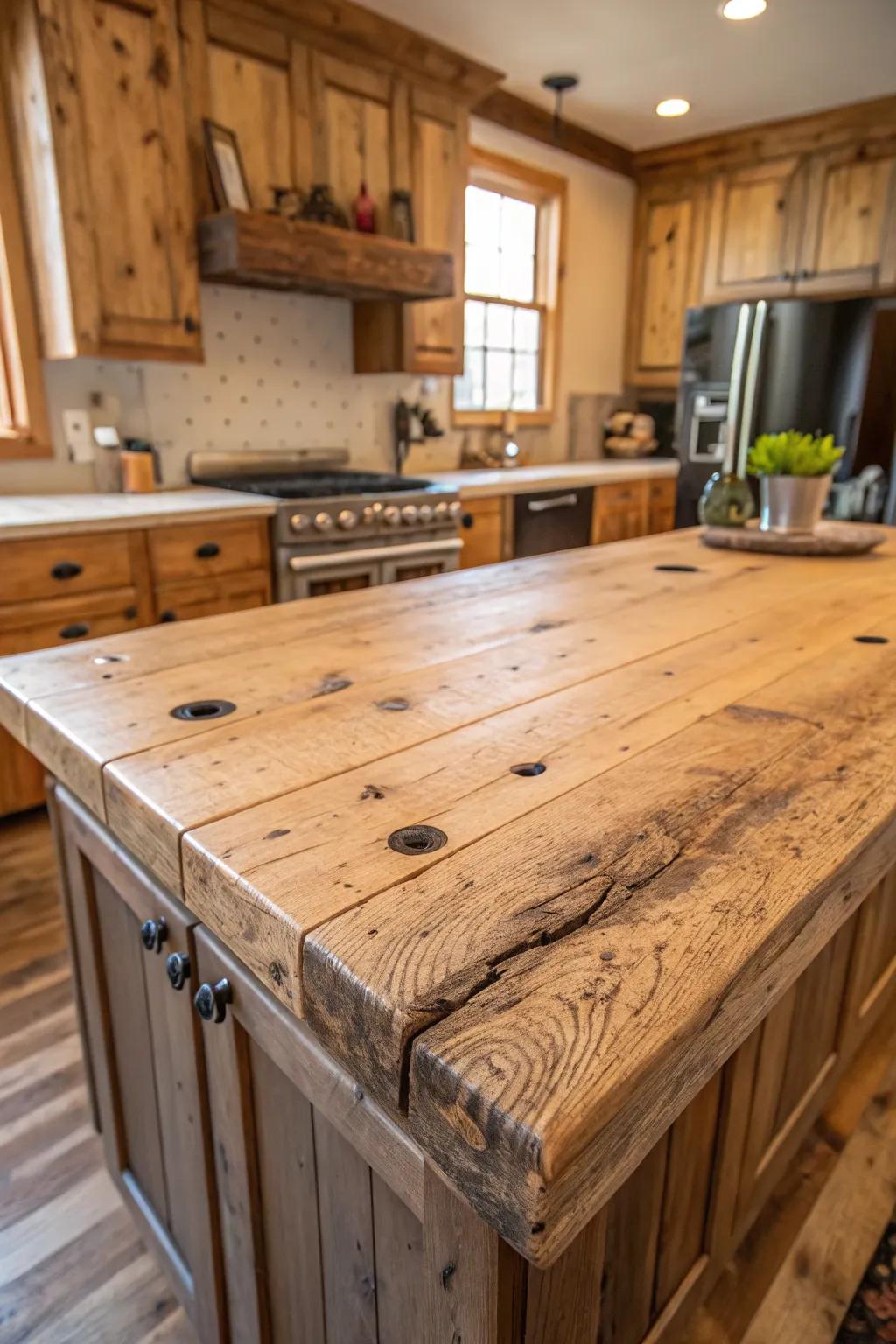 Reclaimed wood countertops telling a story through every grain and knot.