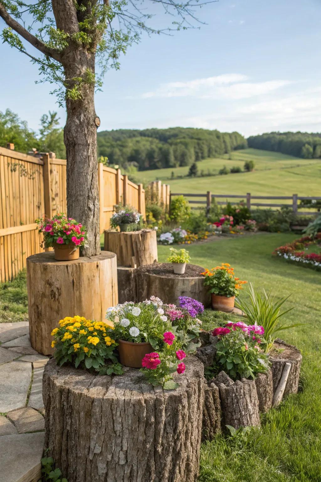 Create natural charm with log and stump planters.