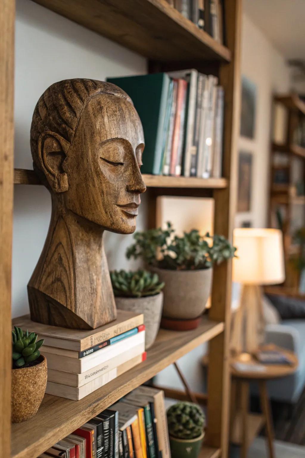 Add intrigue to your decor with a thought-provoking wooden face sculpture.