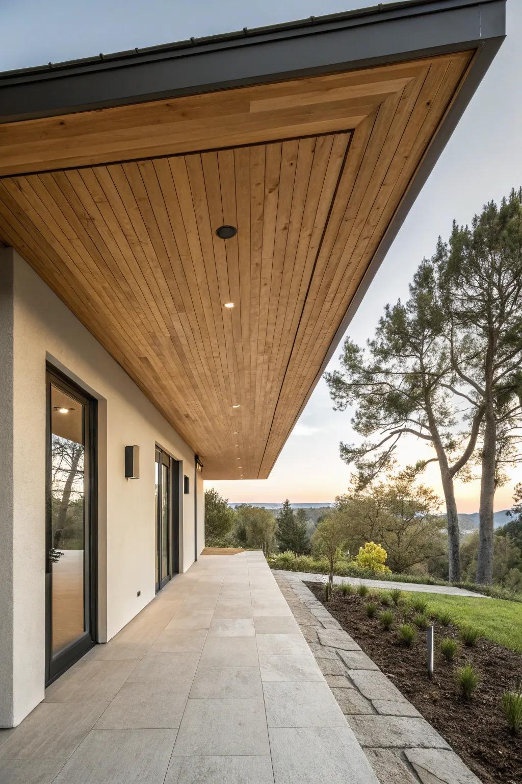 Sleek wood soffits complement a minimalist design.