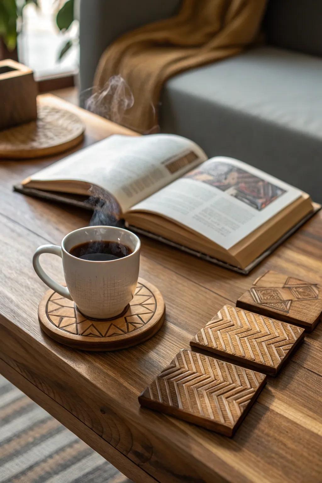 Handmade wooden coasters bring elegance to any table setting.