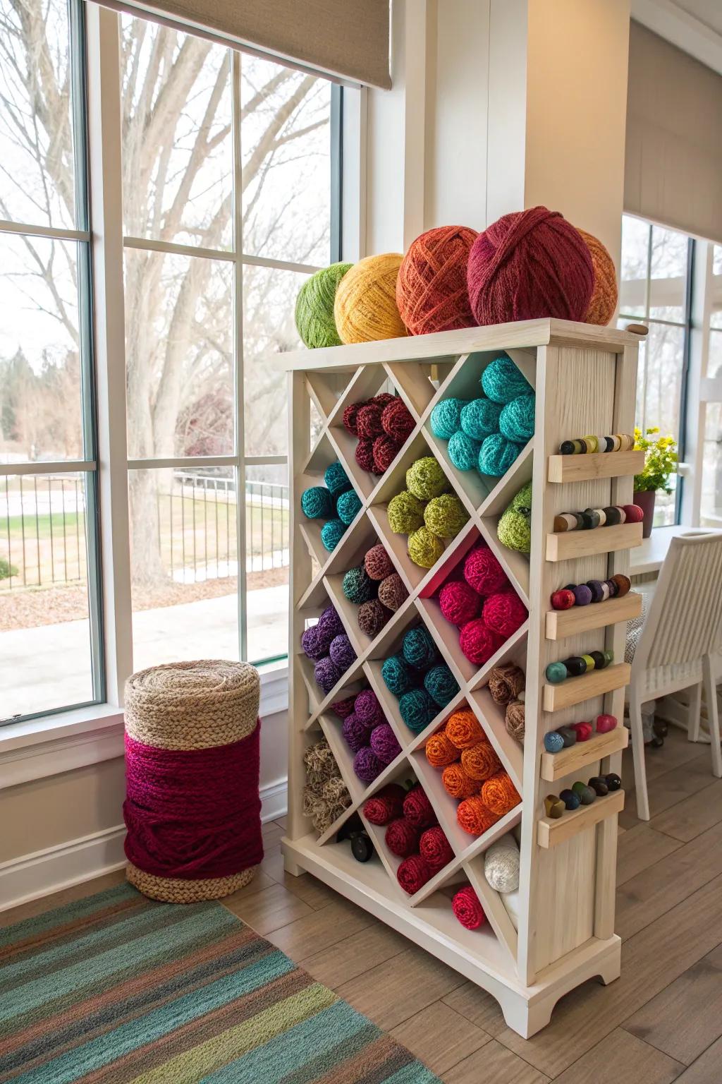 A wine rack repurposed for yarn storage adds elegance to the craft room.