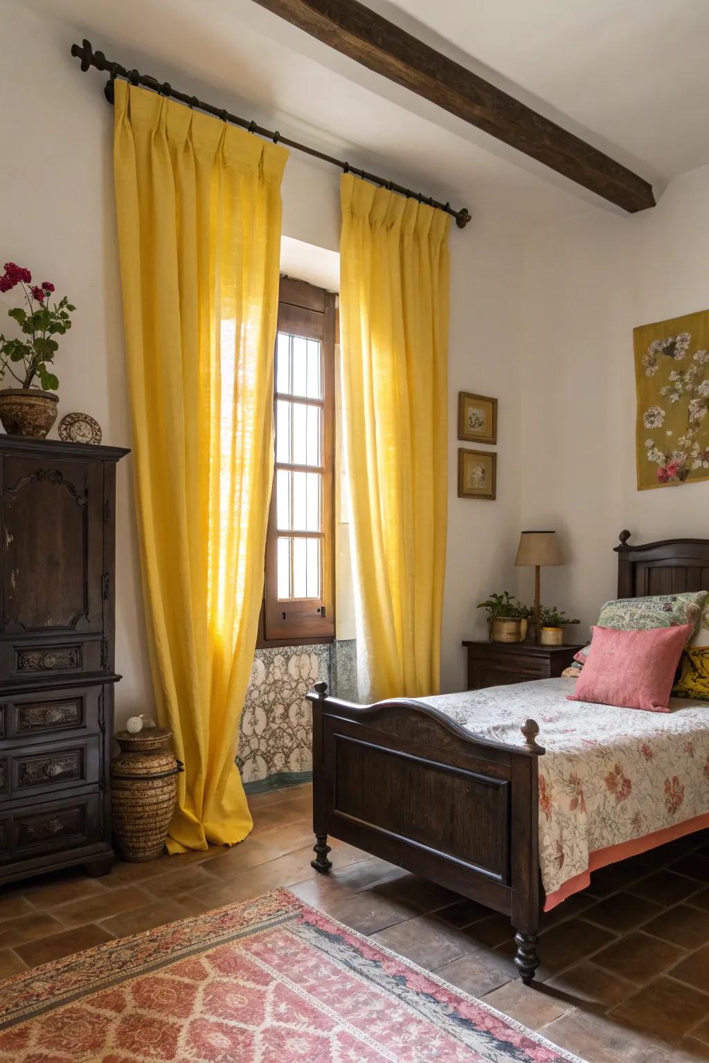 Yellow curtains paired with dark furniture create a striking contrast in the bedroom.