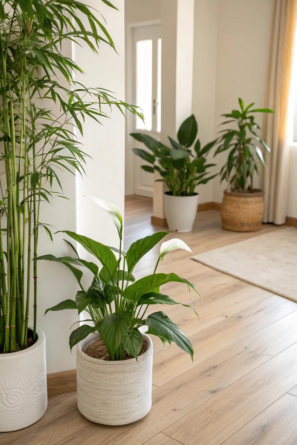 Indoor plants bringing nature into a minimalist room.