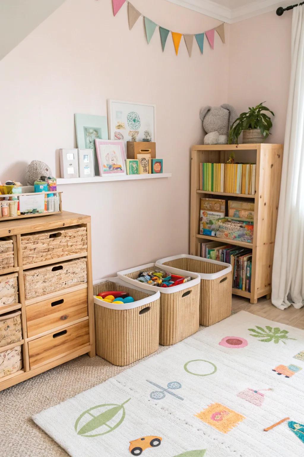 Sustainable storage solutions keep the room neat and eco-friendly.