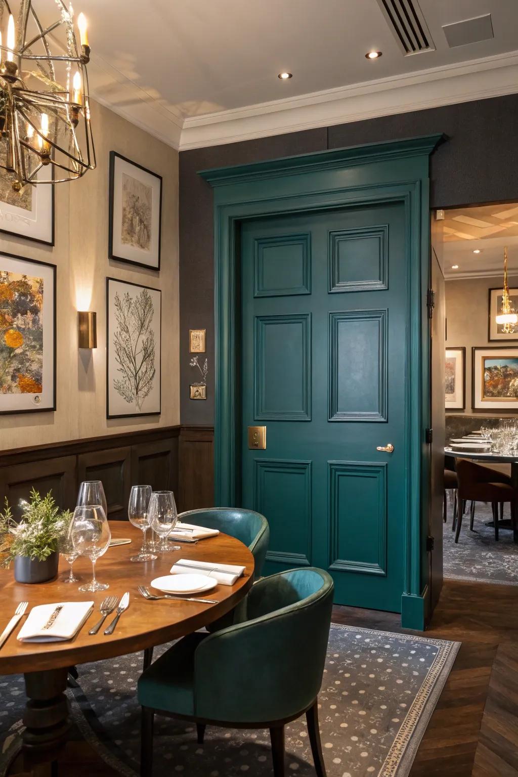 A deep teal 6-panel door adds sophistication to this stylish dining room.