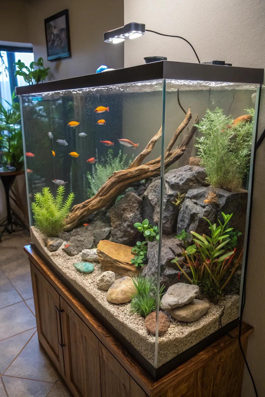 An interactive rockscape invites personalization in this aquascape.