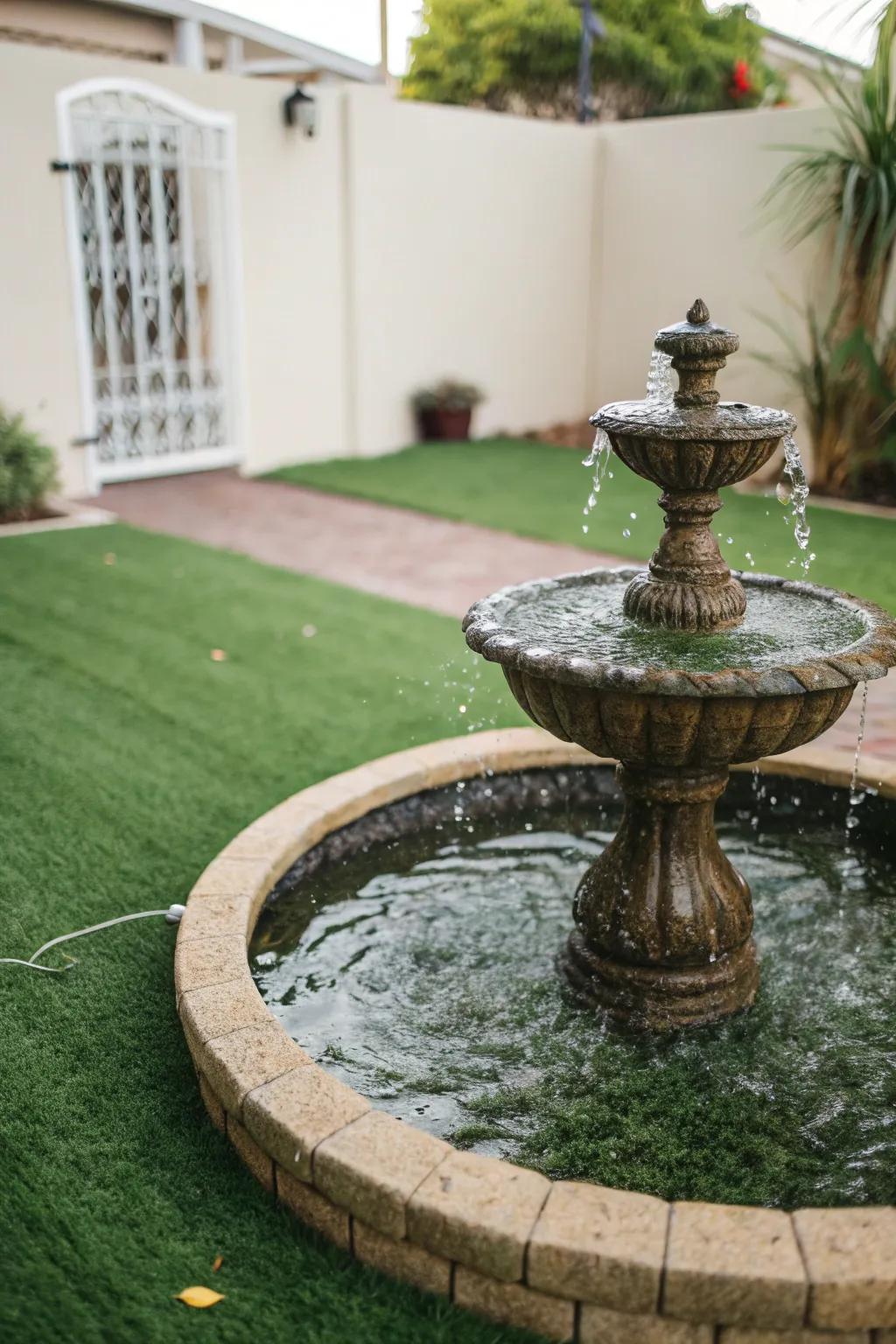 A tranquil fountain nestled in lush turf.