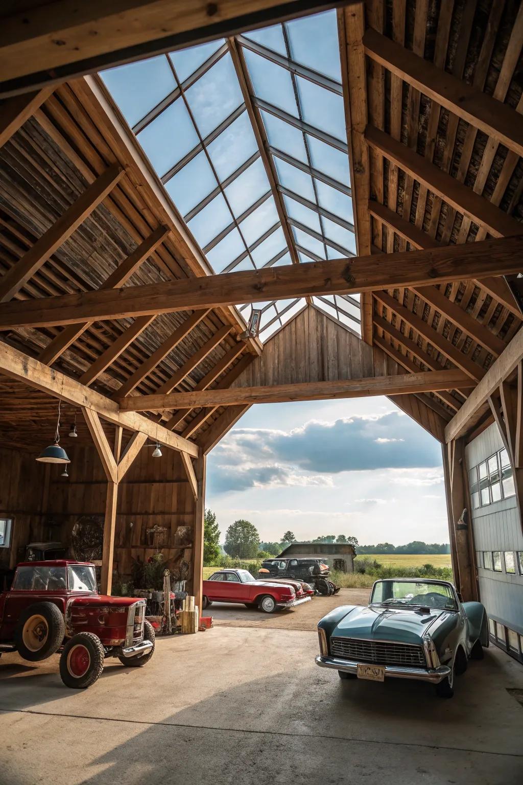 A skylight enhances natural illumination and openness in this barn garage.