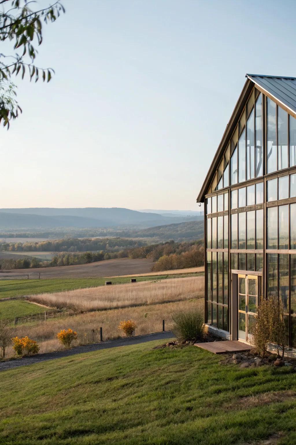 A barn featuring glass elements that blend indoor elegance with outdoor beauty.