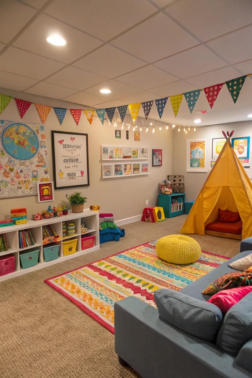 A kid-friendly zone adds fun and functionality to this family basement.