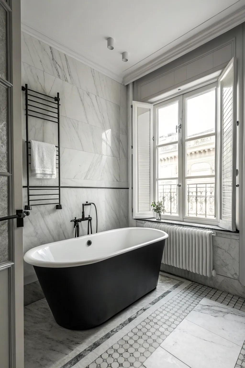 A monochrome scheme creates modern elegance in the bathtub area.