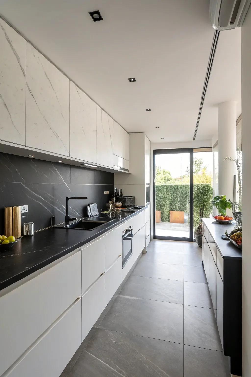 Minimalist design with black countertops for simplicity.