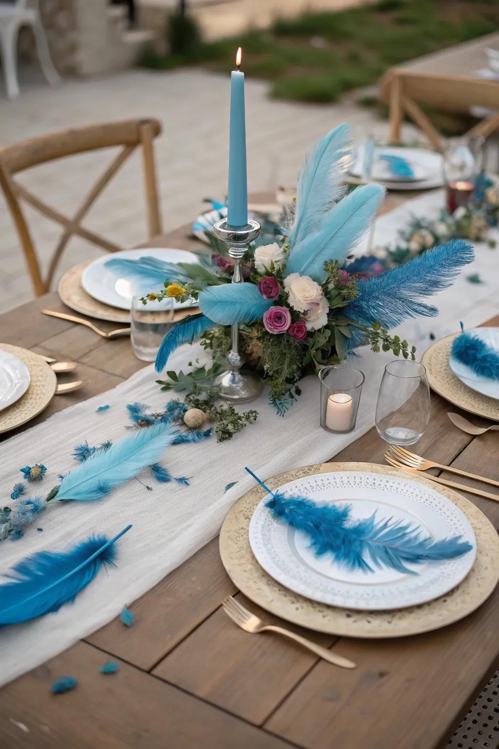 A dining table with an unexpected blue centerpiece.