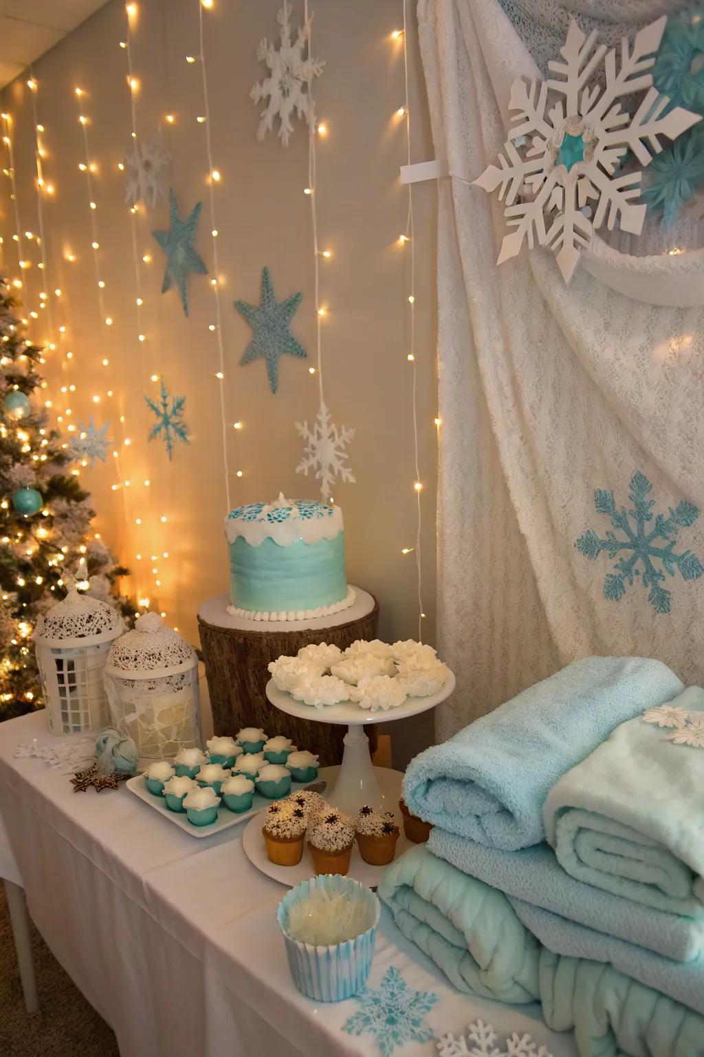 Winter-themed baby shower with cool and cozy decorations