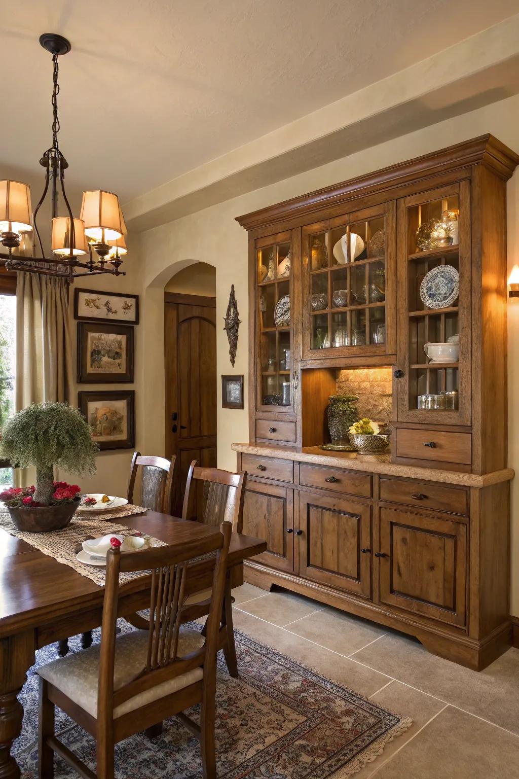 Characterful dining room with vintage touches in built-in cabinets.