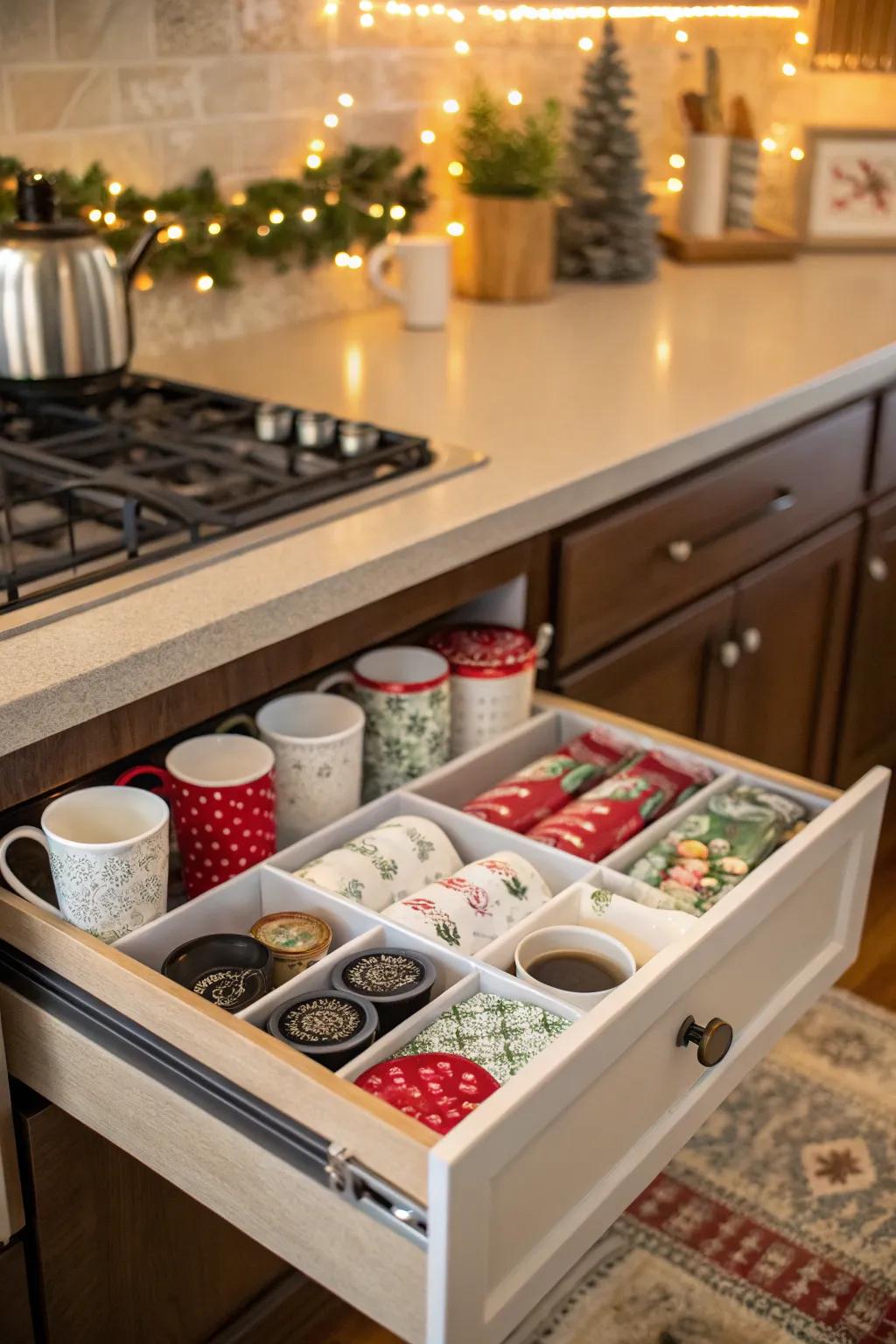 Seasonal decor keeps your coffee drawer festive and inviting.