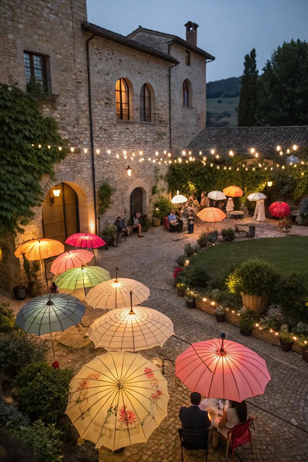 Lighted umbrellas add a festive flair to the courtyard.