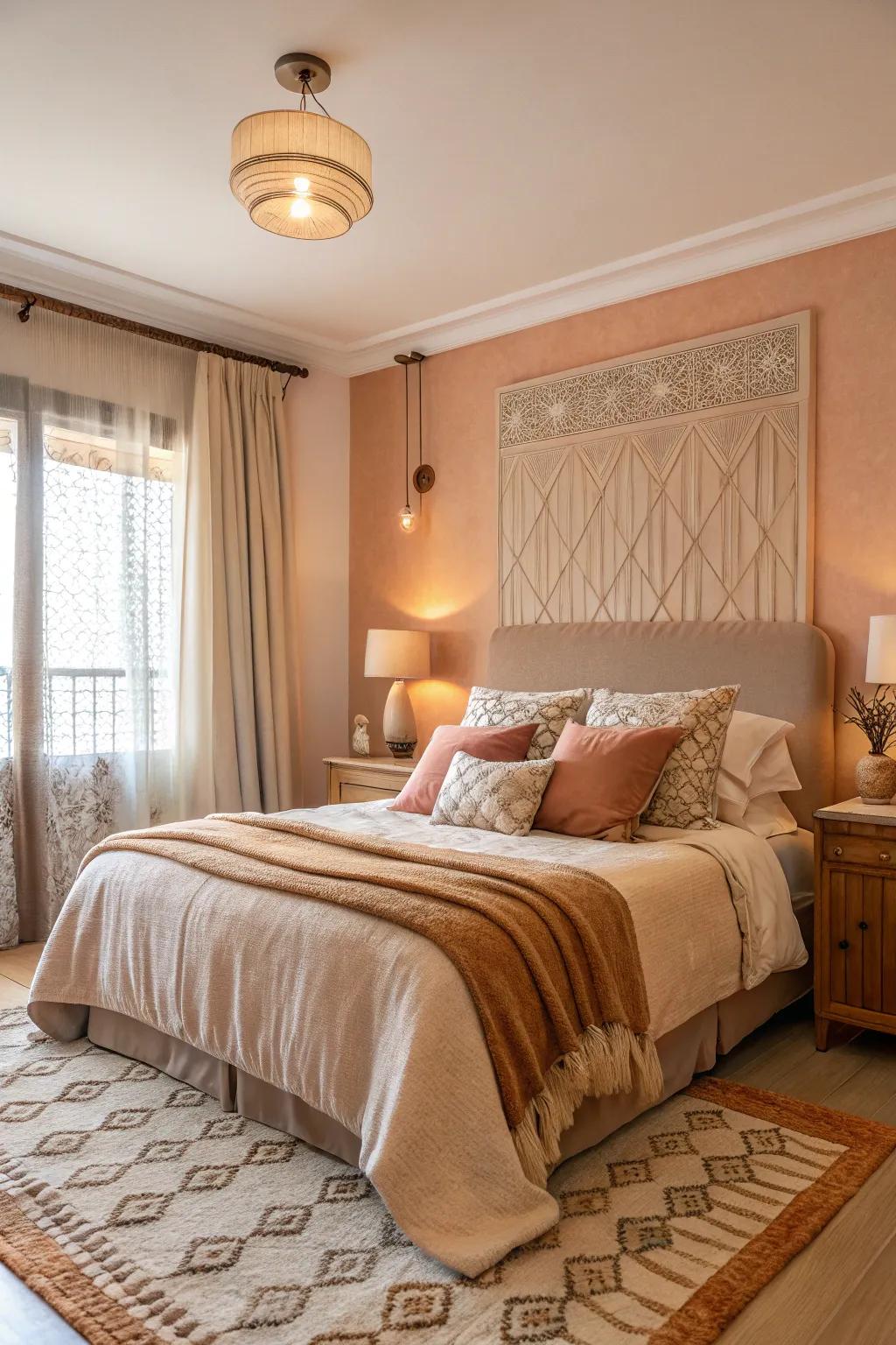 A bedroom blending peachy tones with pale brown for a warm and inviting space.