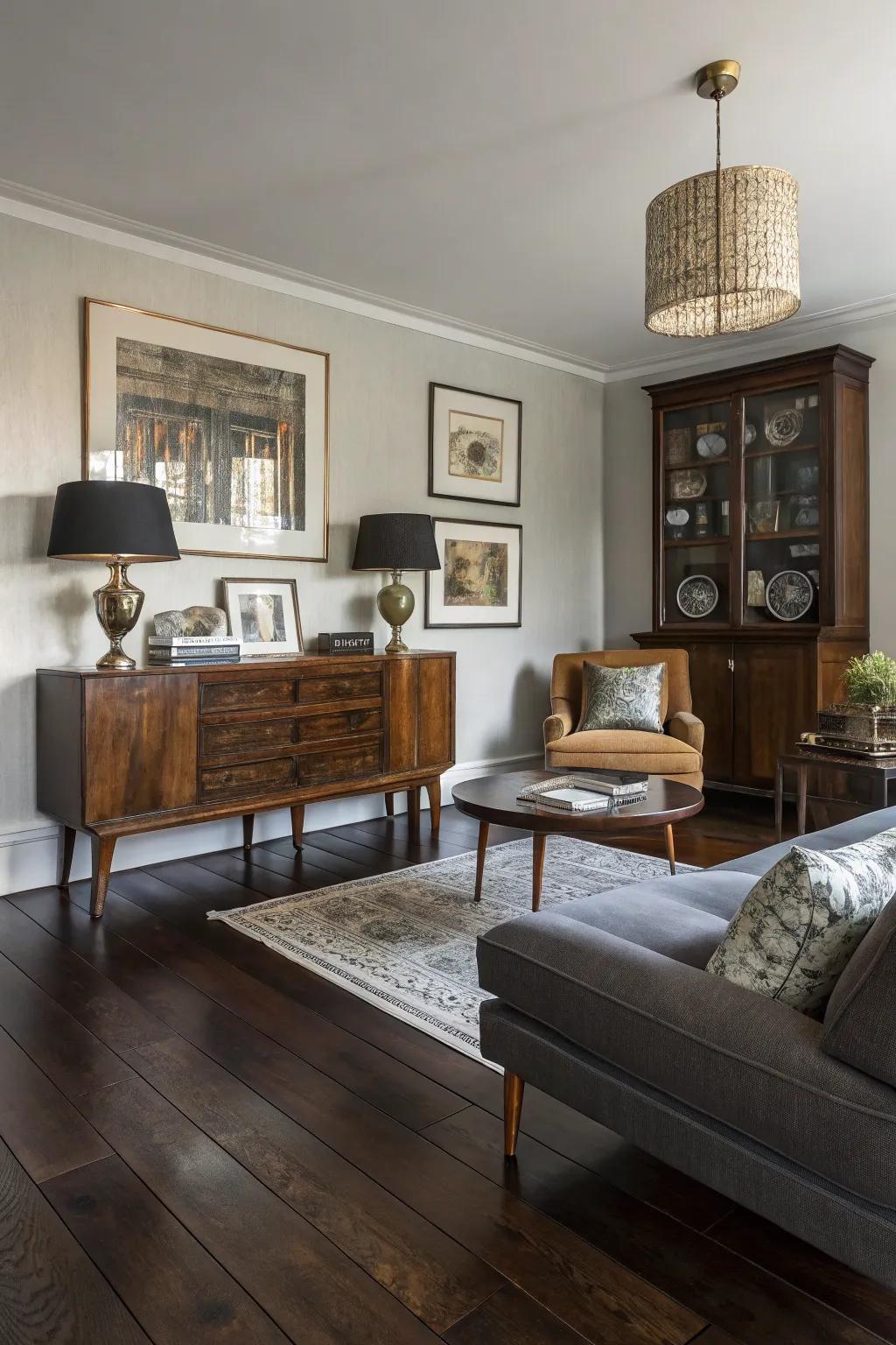 An eclectic mix of styles with dark wood floors as the foundation.