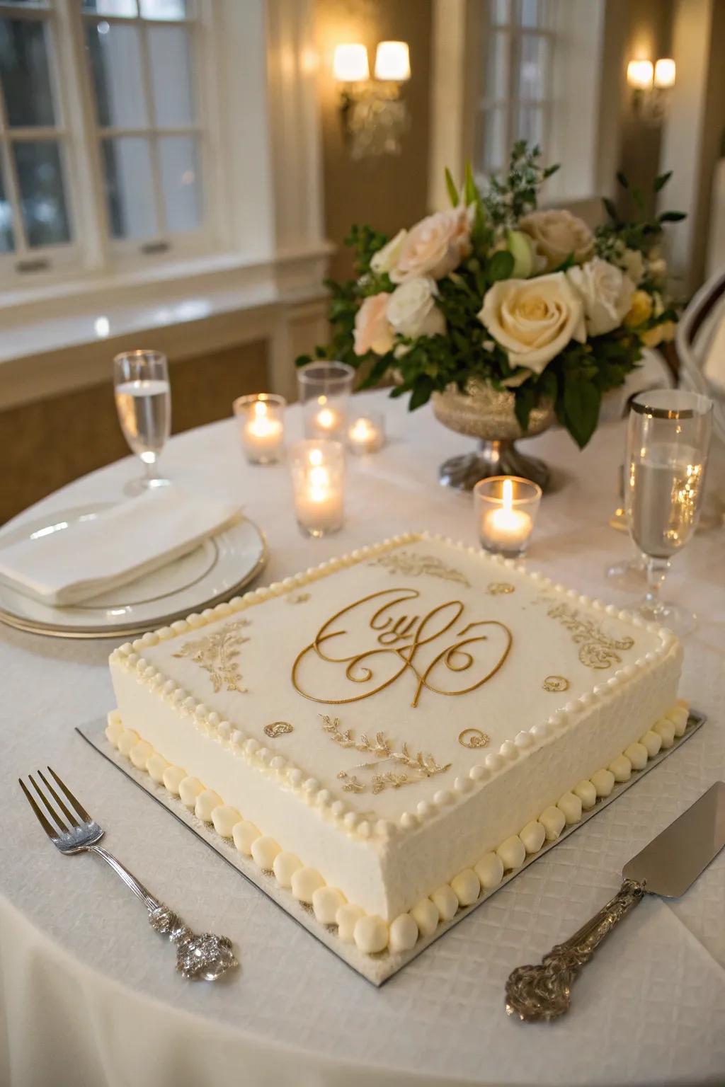 A monogrammed engagement sheet cake with personalized initials.