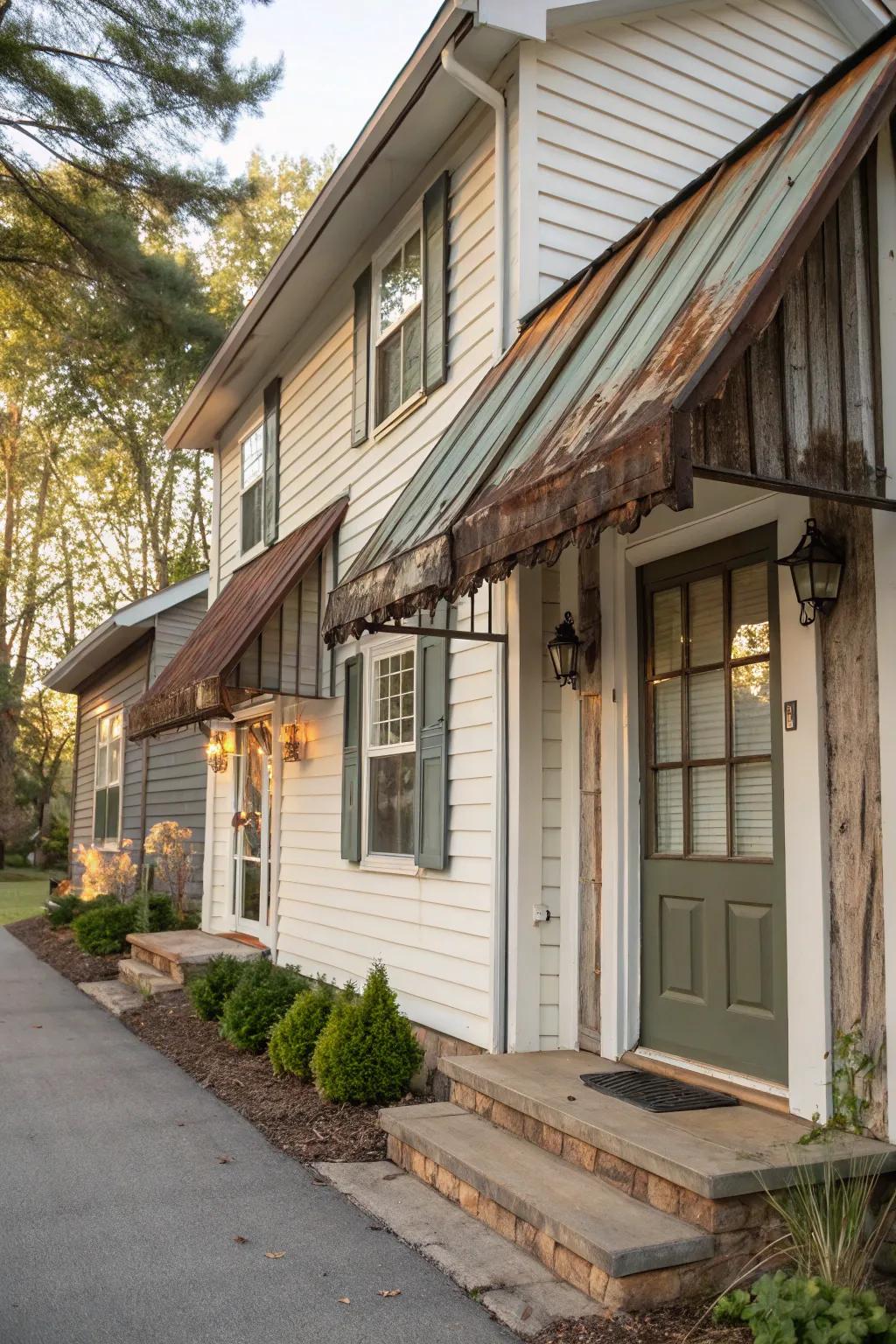Weathered metal awnings add rustic charm and character.