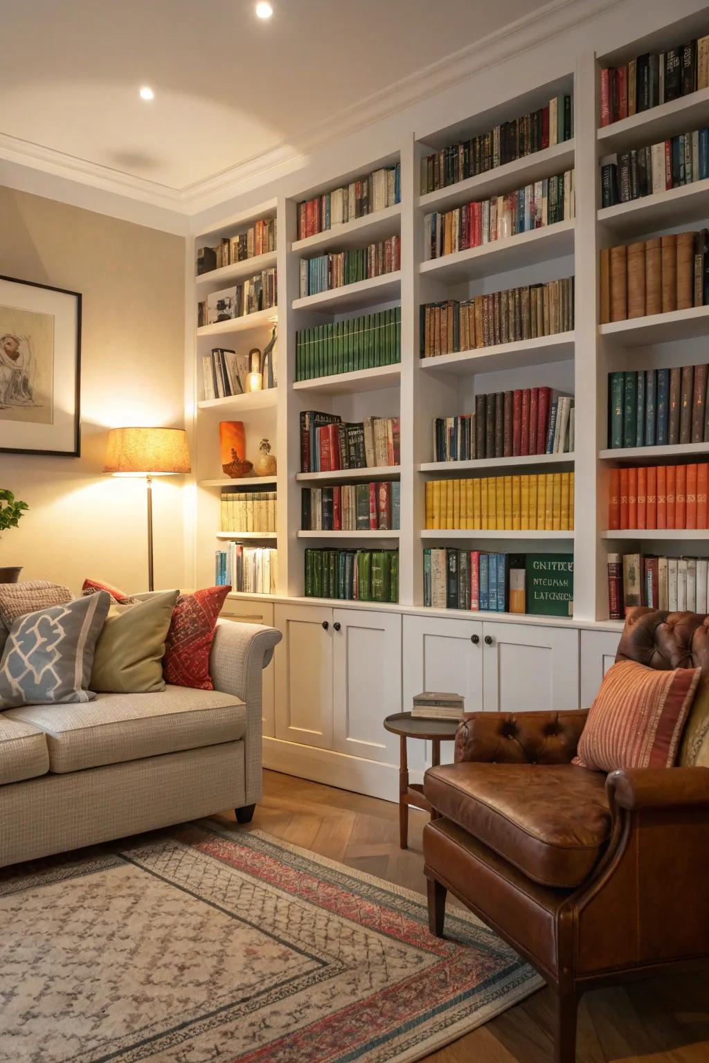 A living room featuring a thoughtfully curated collection of books.