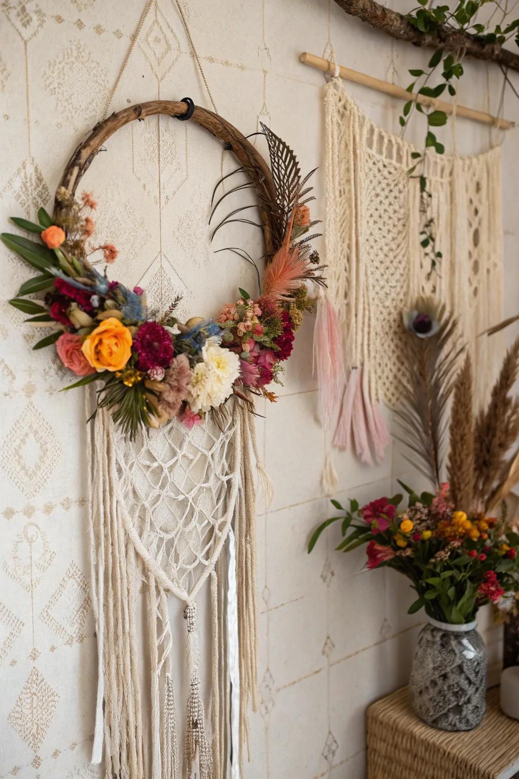 Whimsical boho charm with a dreamcatcher wreath.