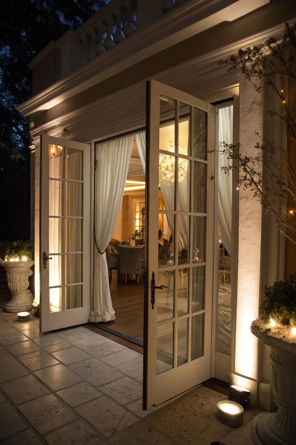 Accent lighting highlights French doors beautifully.